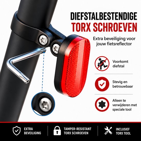 Diefstalbestendige torx schroeven van een rode fietsreflector, met speciale tool.