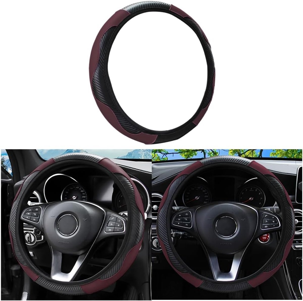 SnelShoppen - Universele stuurhoes voor auto, niet-slip, ademend, duurzaam microvezel-leer, diameter 37-38 cm, burgundy, stuurwielbescherming, autoacc