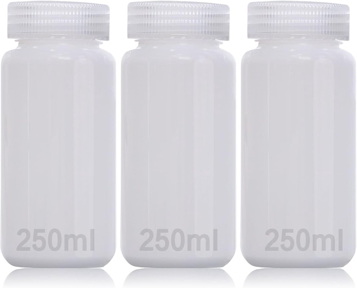 3 Stuks Lege Plastic Flessen met Brede Hals - 250ml Translucente HDPE Flessen voor Pillen en Watermonsters, Lekvrije Flessen
