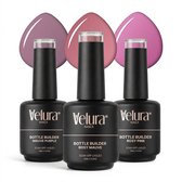 Drie flesjes Velura 'Bottle Builder' met mauve purple, rosy mauve en rosy pink lak.