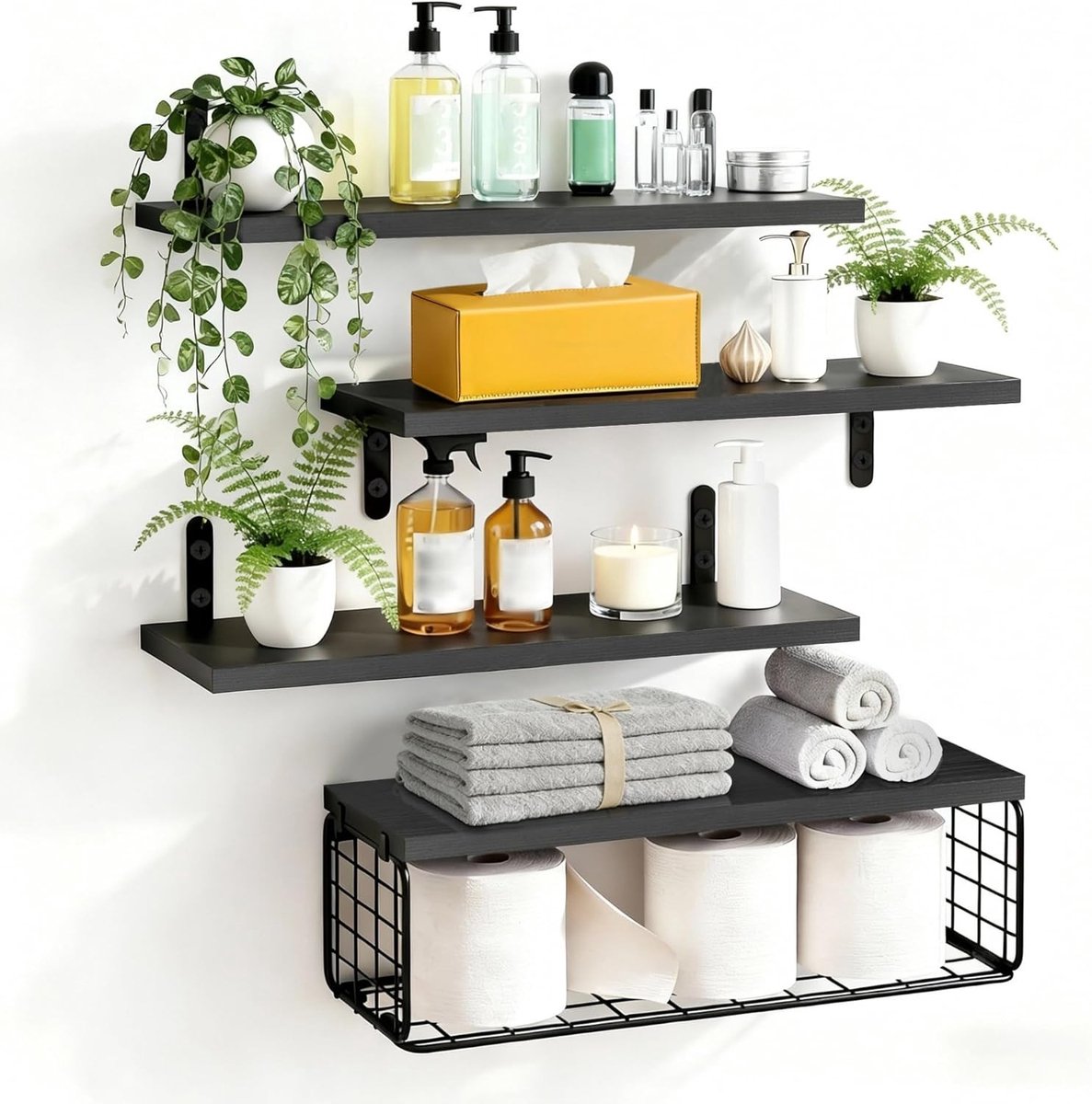 Set van 3 houten wandplanken, 40 x 15 x 3 cm, zwart | Rustieke wandplanken voor badkamer, keuken en woonkamer, zwevende planken voor decoratie