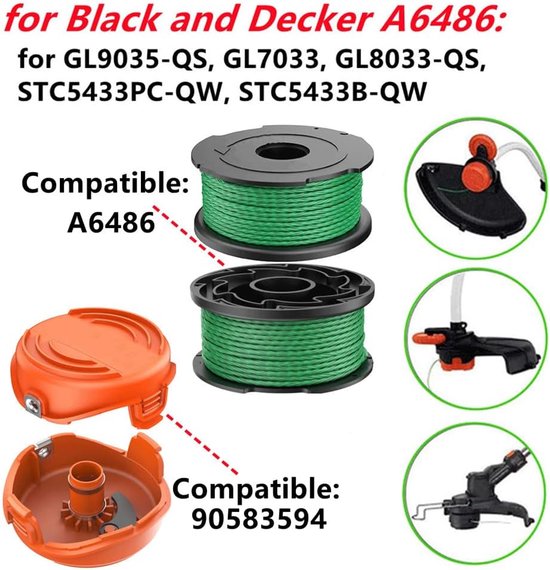 Vervangende trimmerspoel - Geschikt voor Black & Decker GL7033, GL8033 en GL9035 trimmers (model A6486) - Diameter 2,0 mm, lengte 6,1 m (5 spoelen + 1 kap) — afbeelding 4