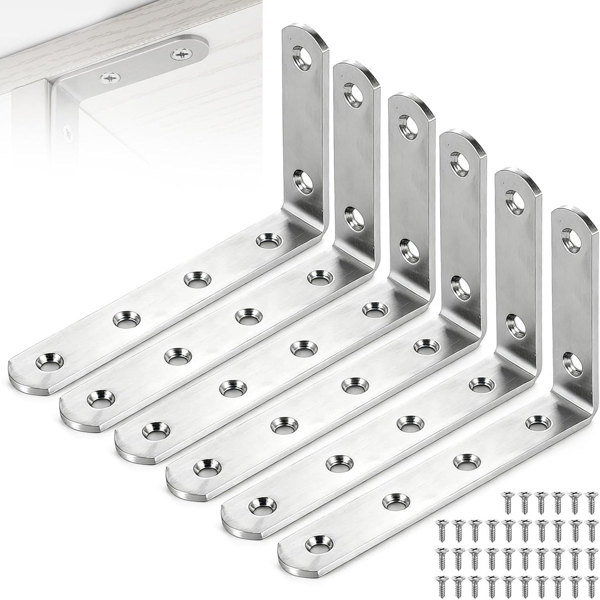 SnelShoppen - 90 Graden L-vormige Wandbeugel - 6 Stuks Hoekverbinders - Roestvrijstalen Hoekverbinder 125 x 75 x 20 mm - Stevige Planksteun met 36 Sch