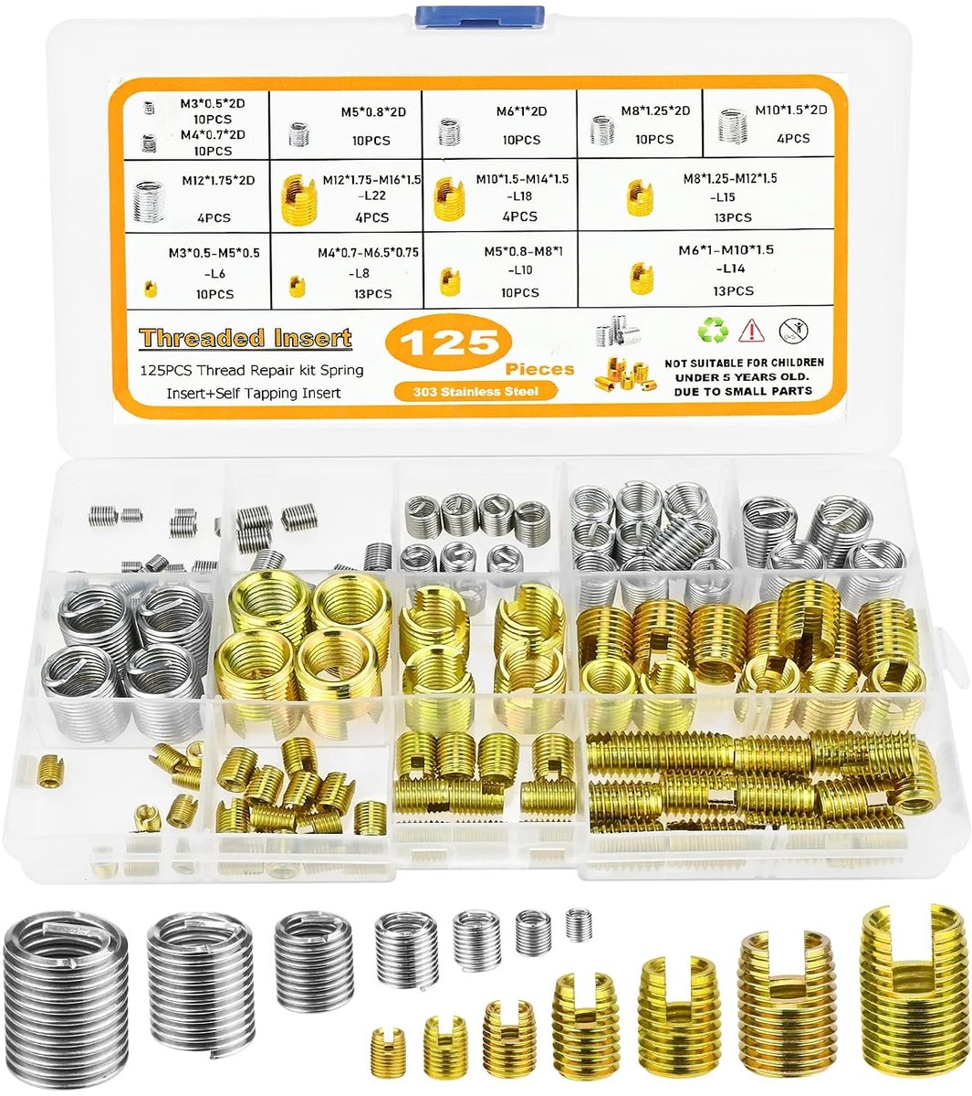 SnelShoppen - 125 Stuks Zelftappende Draadinzet, Reducerende Moeren Draad Reparatie Assortiment Schroefmoeren Conversiekit Reparatie Gereedschap M3 M4