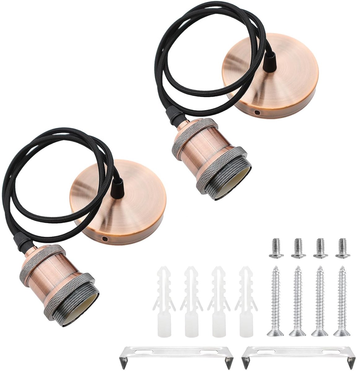 SnelShoppen - 2 Stuks Plafond Hanglamp Fitting E27 Roze Schroef Lampenhouder Vintage Plafondrozet met 100 cm Gevlochten Kabel (Rood)