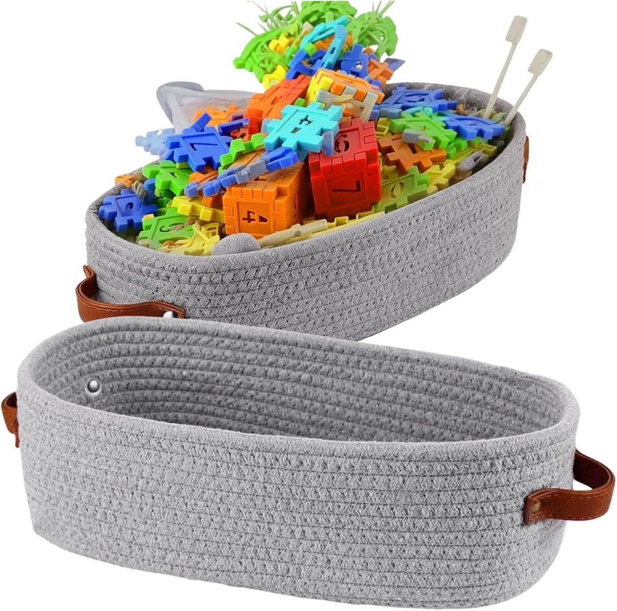 Set van 2 Gevlochten Opbergmanden van Katoen met Handvat, 28x10x10cm, Ideaal voor Badkamer, Woonkamer en Slaapkamer, Grijs Katoen