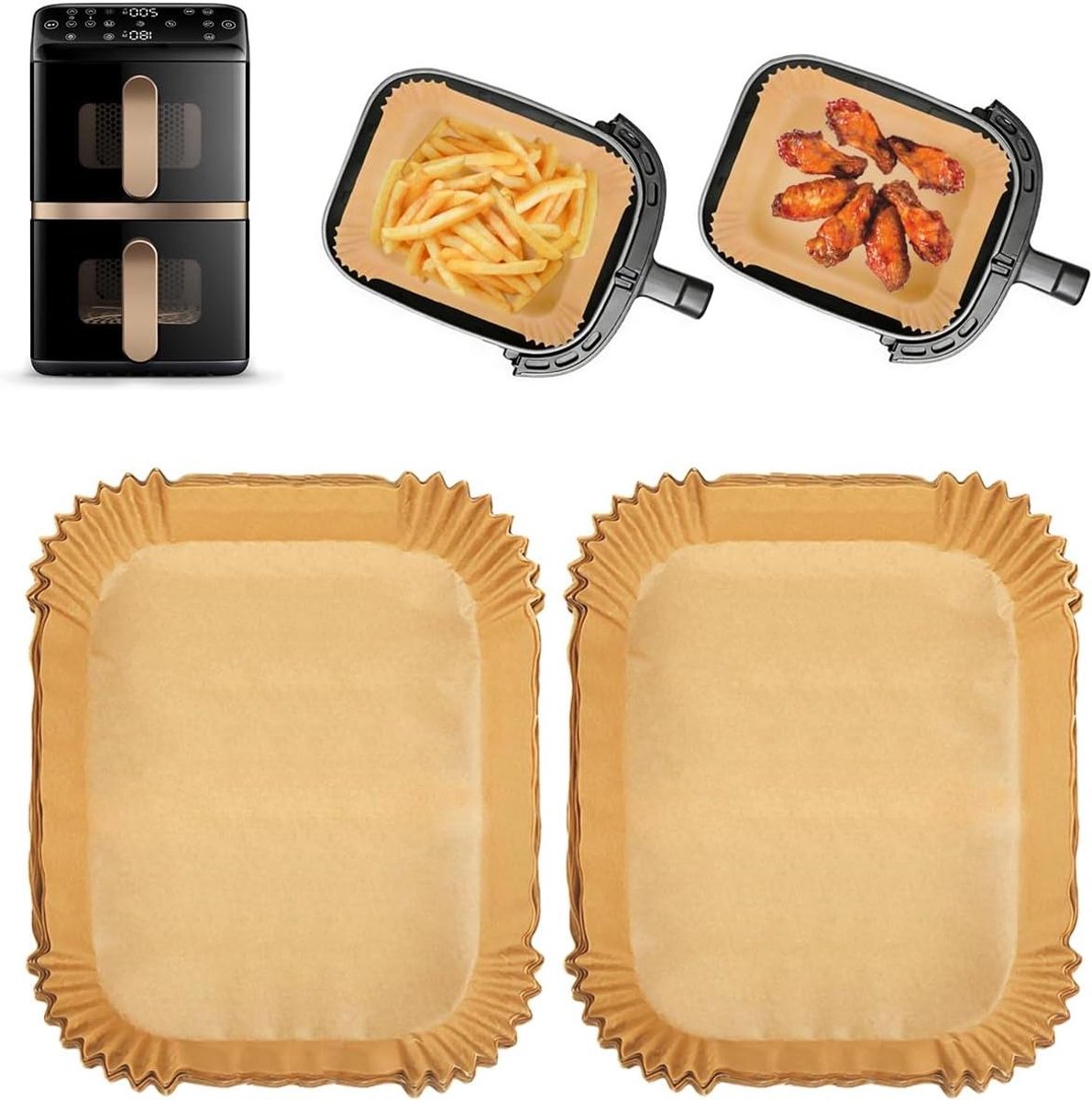 Airfryer Bakpapier - Vellen voor Friteuse - Gemakkelijk Koken - Hoge Beschermranden - 120 Stuks - Natuurlijk