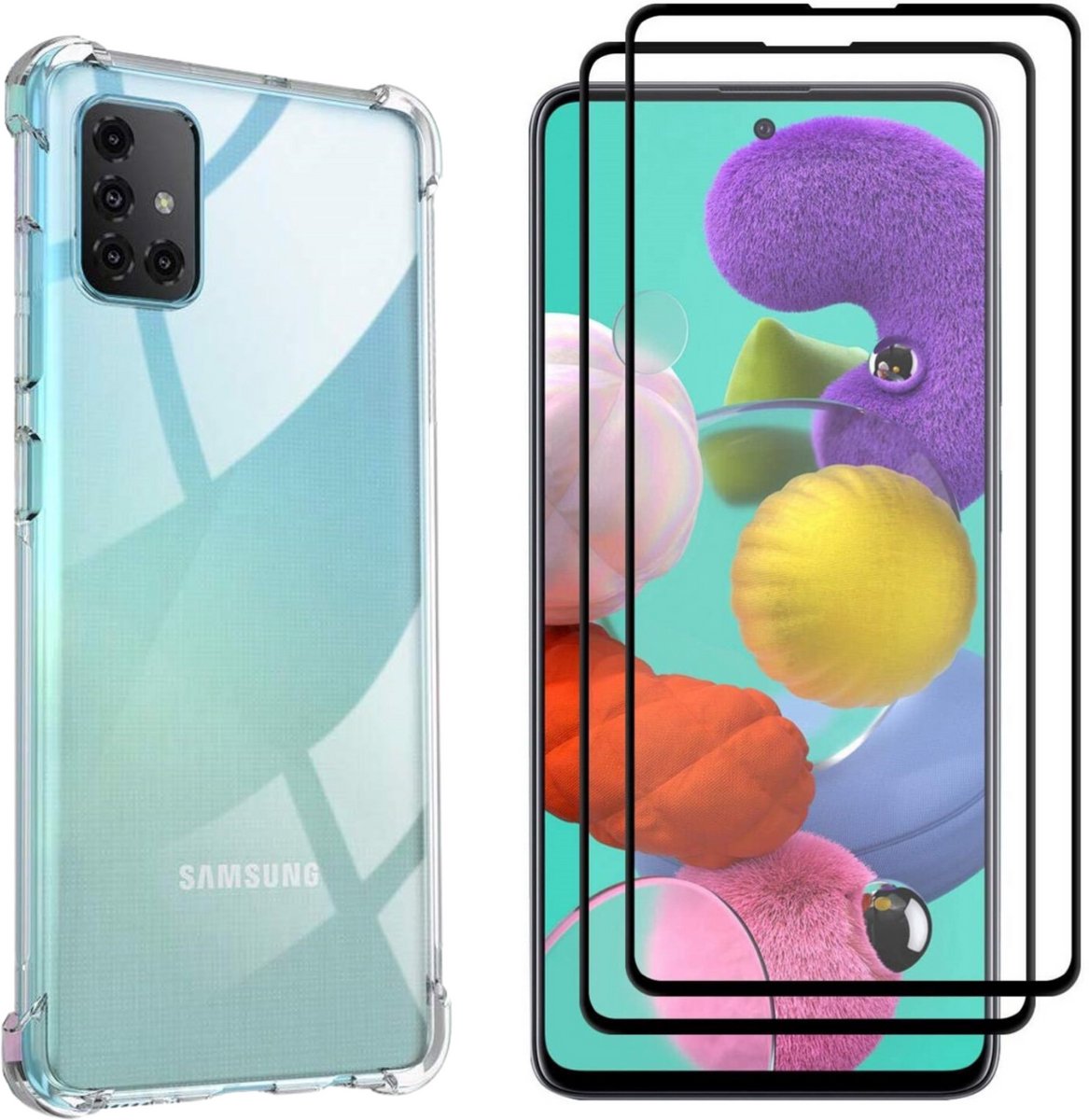 Hoesje geschikt voor Samsung Galaxy A51 backcover Shockproof siliconen Transparant en 2 stuks Screenprotector Gehard Glas Zwart