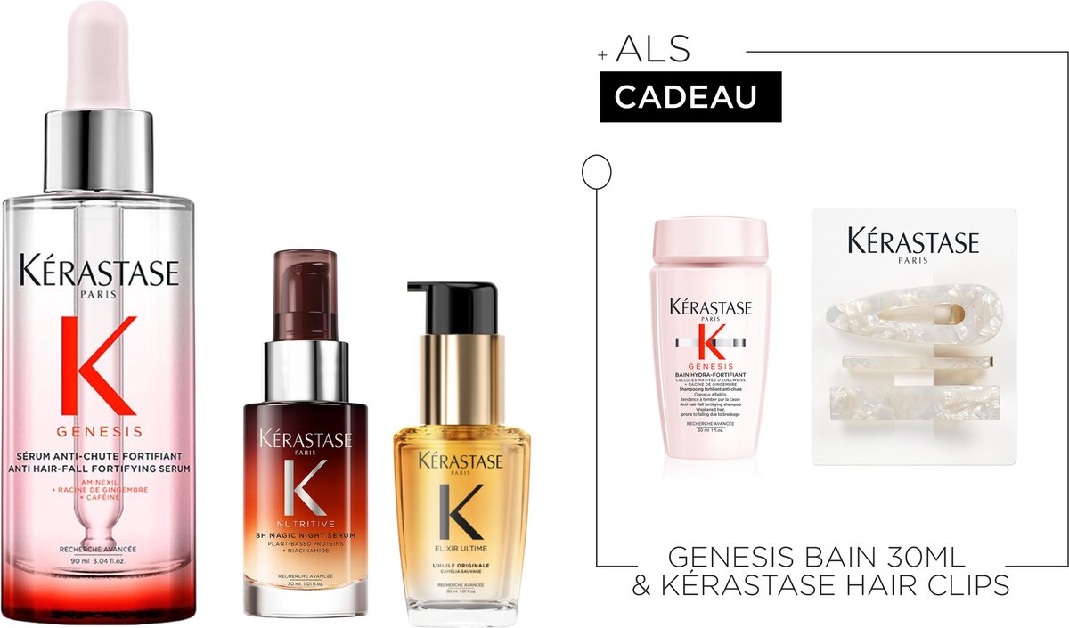 Kérastase Genesis, Nutritive & Elixir Ultime Trio + 2 Cadeaus- Genesis Serum Anti-Chute 90ml, Nutritive 8H Serum 30ml & Elixir Ultime Haarolie 30ml + Bain Hydra-Fortifiant 30ml & Kérastase Haarclips Cadeau - Voor Anti-Frizz & Anti-Haaruitval