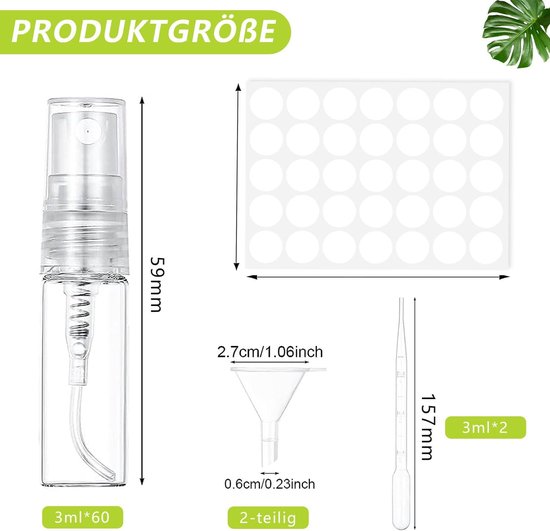 SnelShoppen - 60 Stuks Mini Sprayflessen voor Parfum, 3 ml, Herbruikbare Verstuiver, Glas, BPA-vrij, Perfect voor Lichaamsverzorging en Cosmetica van Snelshoppen — afbeelding 2