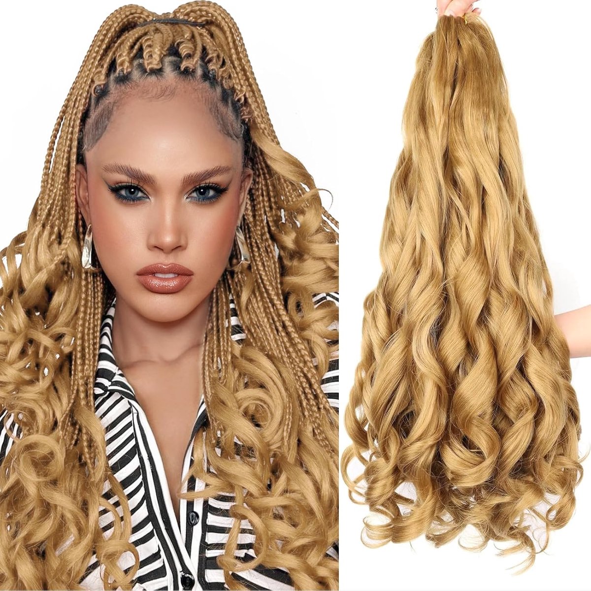 SnelShoppen - Pre-Stretched Elastisch Frans Krullend Vlecht Haar - 24 Inch Losse Golf Haak Extensions, 8 Packs, Hoogwaardige Synthetische Vezels voor