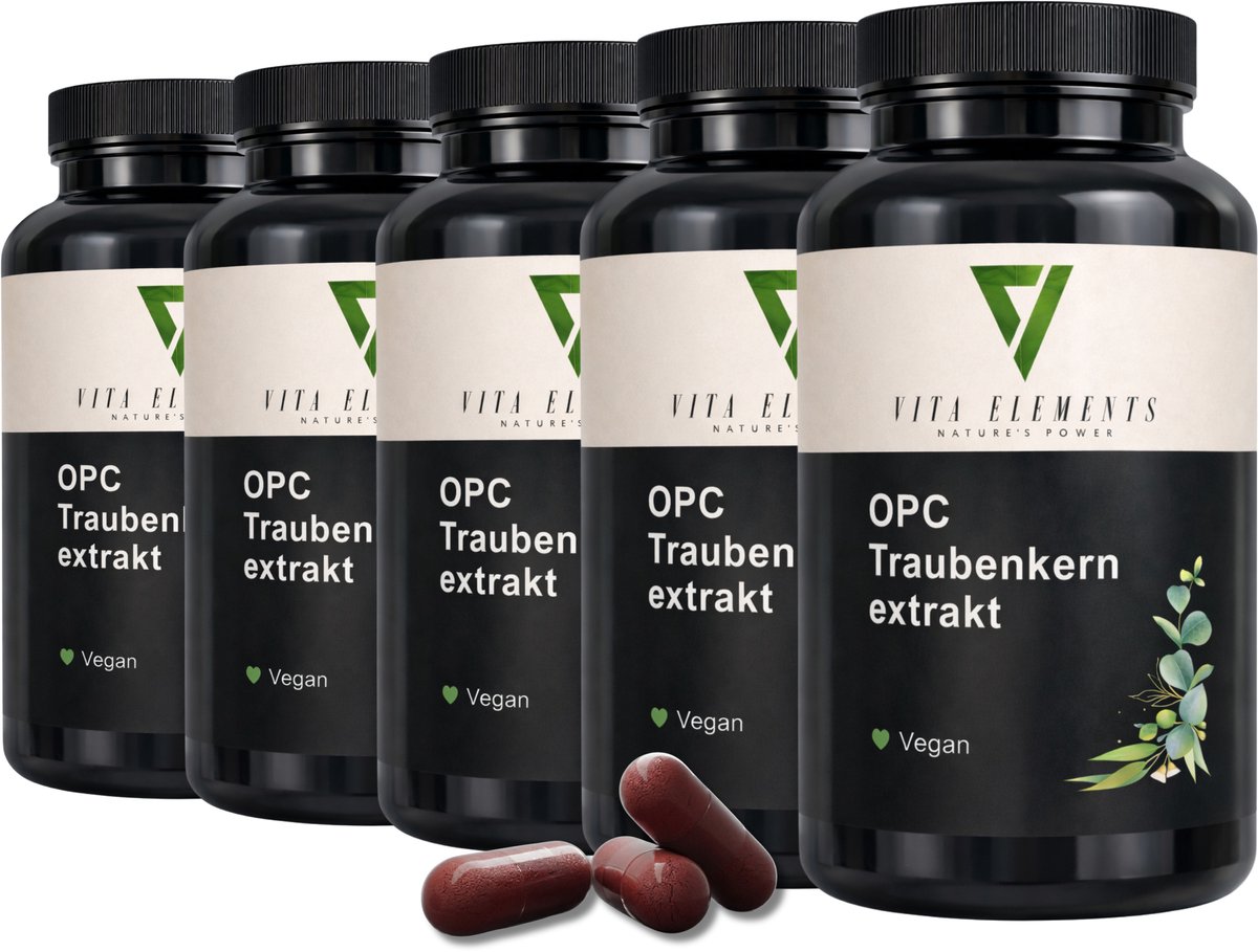 Vita Elements OPC Druivenpitextract Capsules - Krachtige Antioxidant tegen Vrije Radicalen - Goed voor Bloedvaten - Veganistisch - 240 Capsules - Set van 5