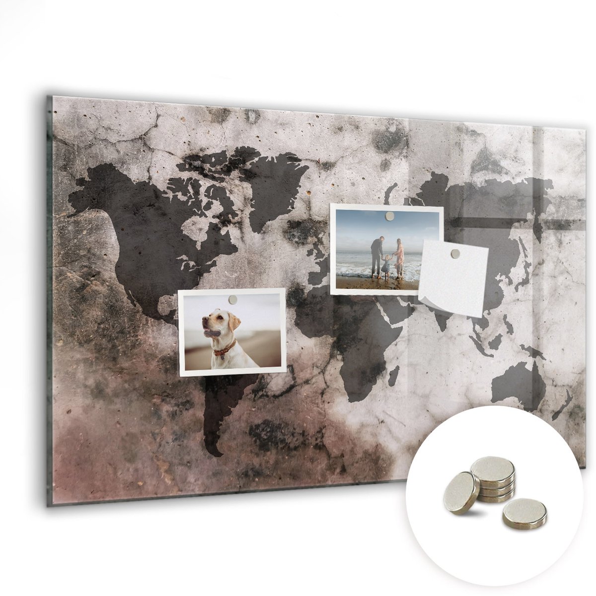 Coloray Glazen Magneetbord - Magnetisch Bord Concrete wereldkaart - 60x40 cm - Grijs Magneetbord - Magnetic Board - Magneetbord Design