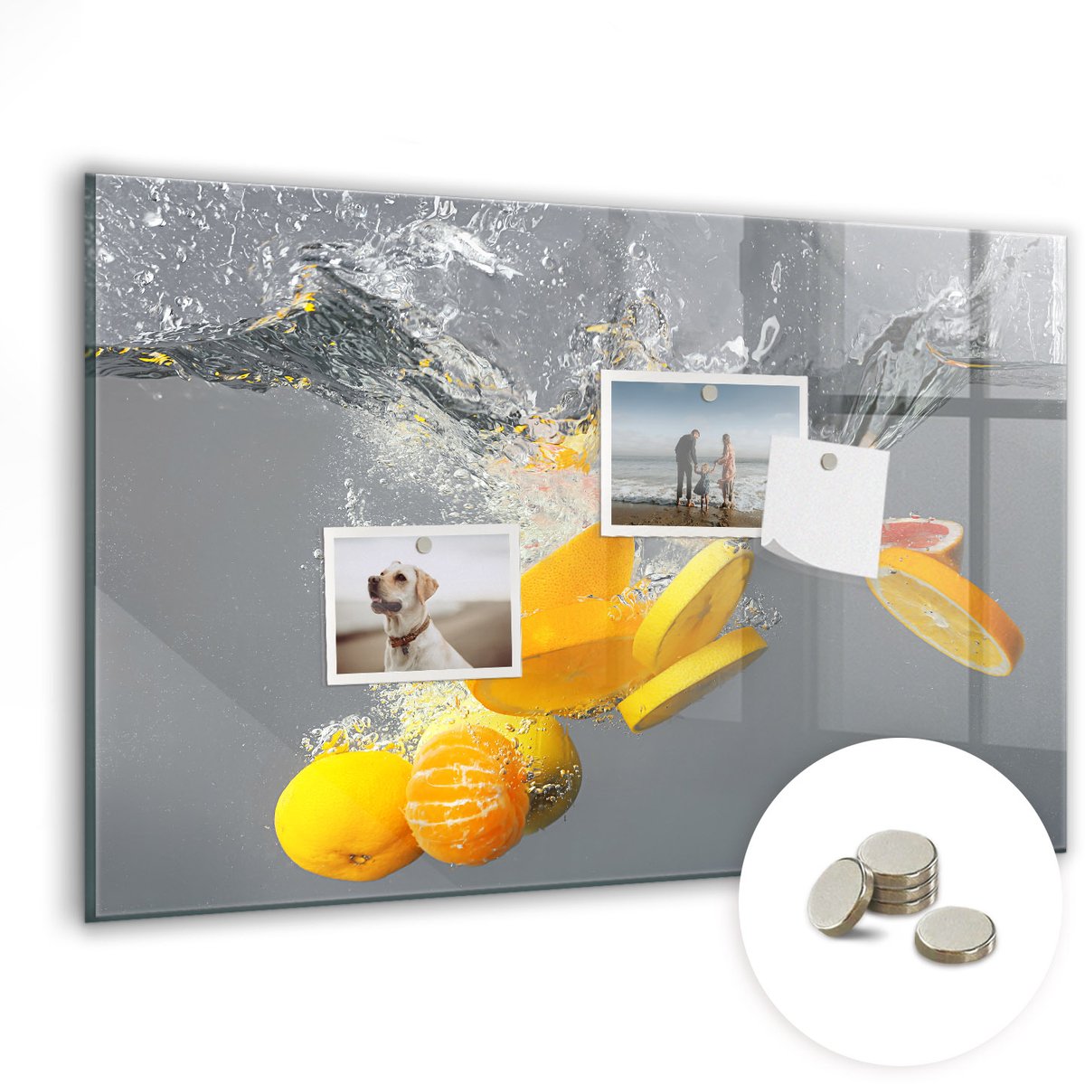 Coloray Glazen Magneetbord - Magnetisch Bord Citrusvruchten in water - 60x40 cm - Geel Magneetbord - Magnetic Board - Wanddecoratie
