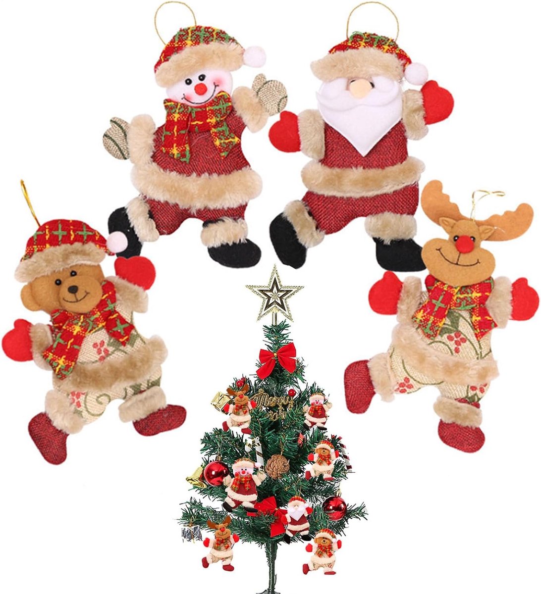 SnelShoppen - 4 stuks Kerstboomdecoratie, grappige kerstversiering, hangende kerstboomdecoratie, kerstdecoratieset, kerstfiguren, hertvormige hangers