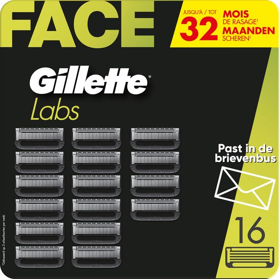 Gillette Labs scheermesjes, verpakt in een zwarte doos met gele accenten. 16 mesjes, 'Past in de brievenbus' staat erop.