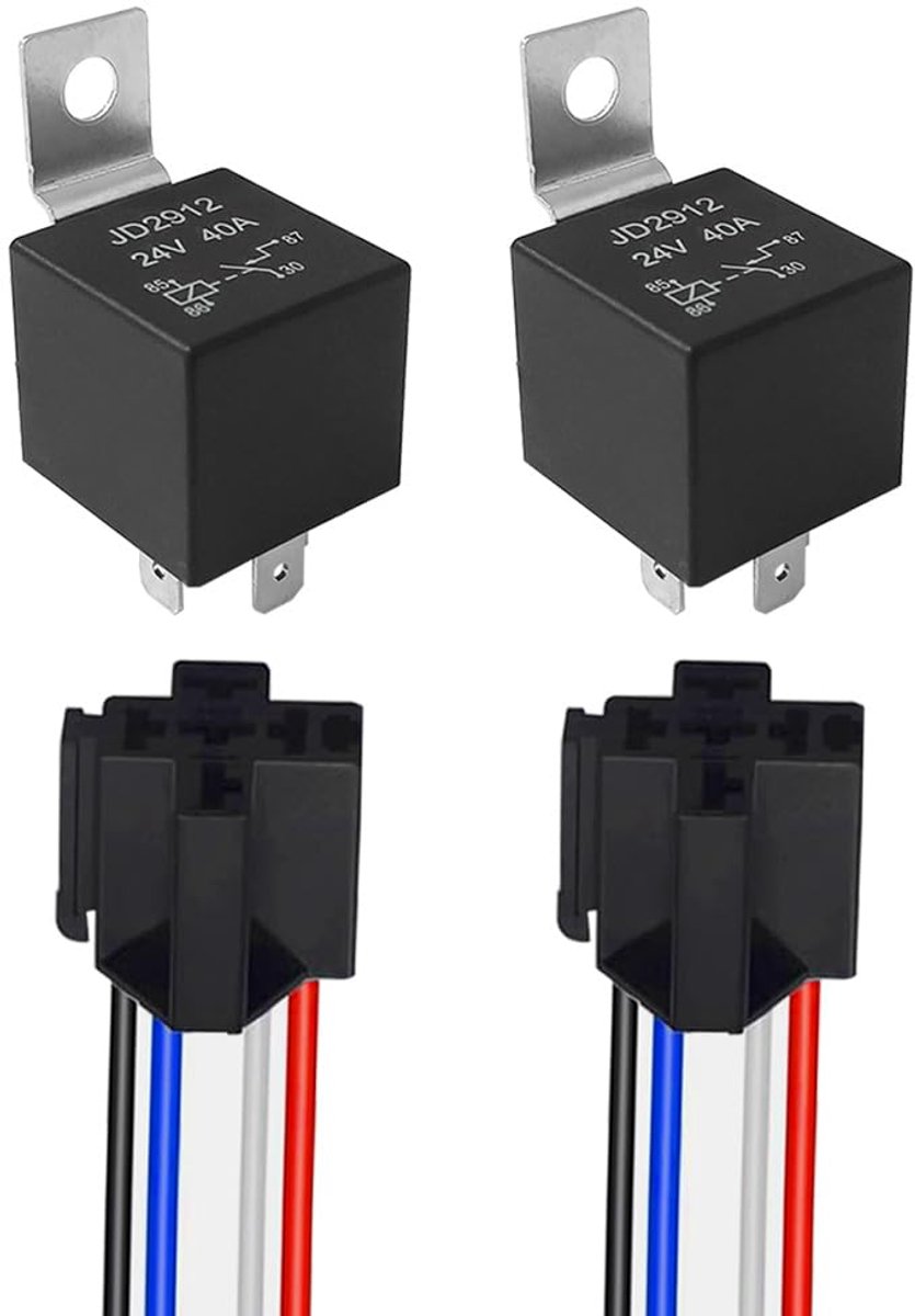 Auto relais 4 pin 24V 40A - met aansluitharnas - kleurgecodeerde draden - eenvoudige aansluiting - ShopVlot