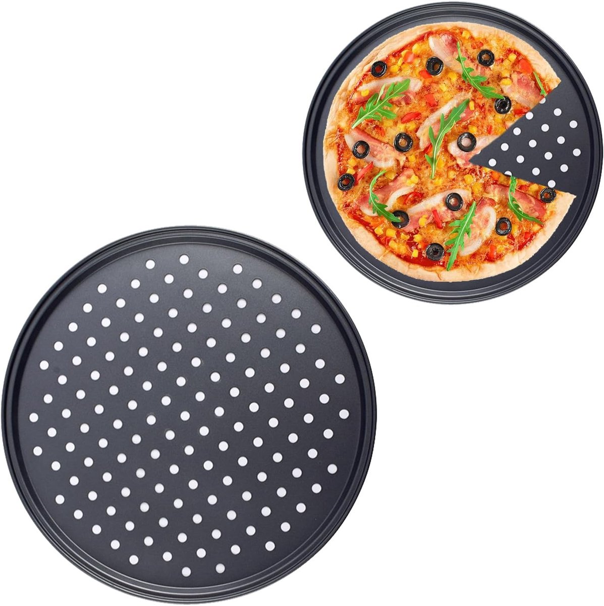 SnelShoppen - Perforated Pizzaplaat 24,5 cm van Koolstofstaal, Antiaanbaklaag, Geventileerde Bodem, Makkelijk te Verwijderen voor Grillen, Bakken en P