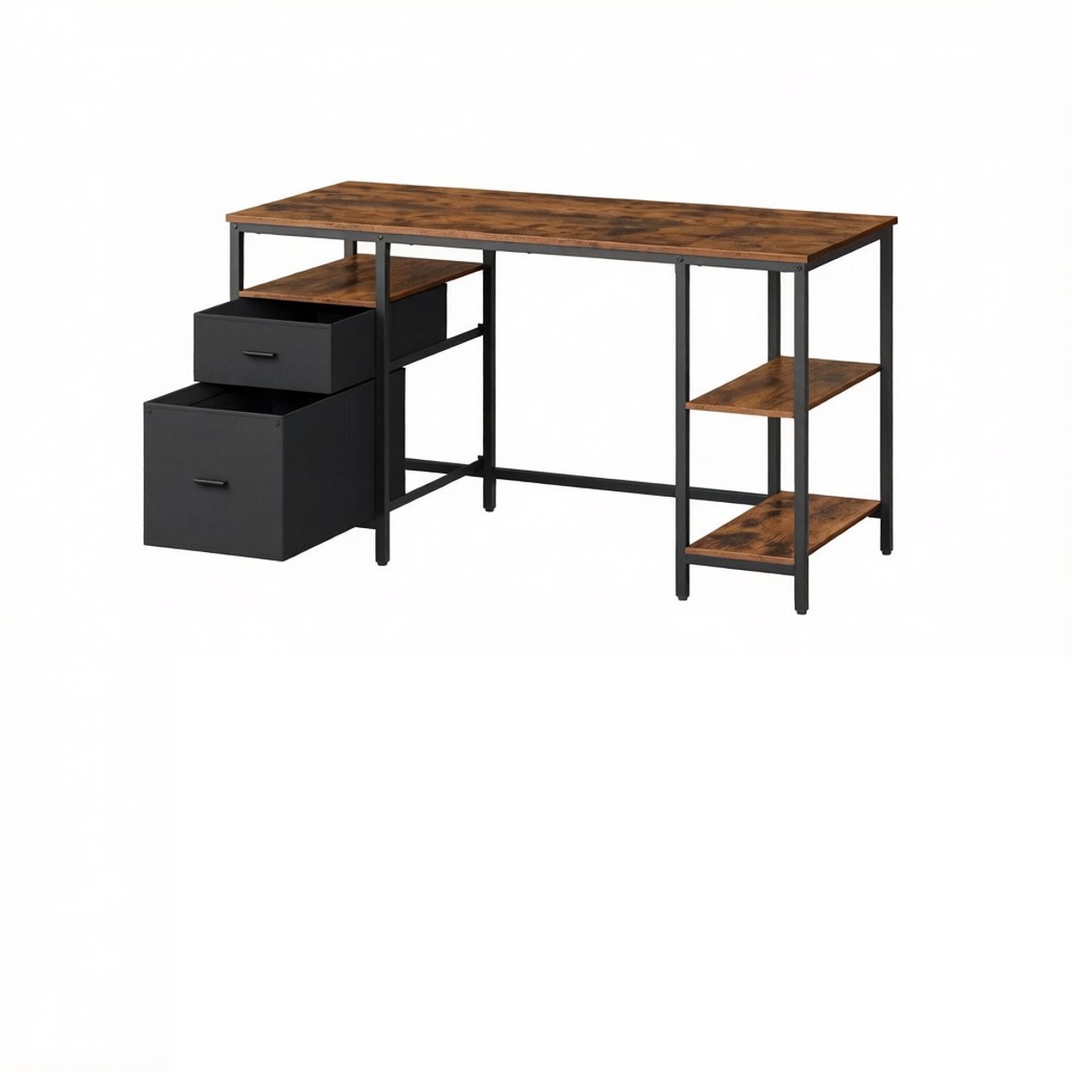 Bureau Computerbureau Schrijfbureau 60x140x76cm Bruin + Zwart Met verstelbare vloerbeschermers 3 planken en 2 laden Middelste plank afneembaar Laden links of rechts te plaatsen Geschikt voor thuiswerkruimte en woonkamer