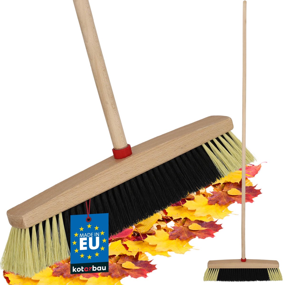 KOTARBAU® Straatbezem - Veegbezem - Tuinbezem - Buitenbezem 40 cm - met PET-borstelharen - Buitenbezem van Beukenhout - met Houten Steel - voor Binnen en Buiten - Zwart en Beige