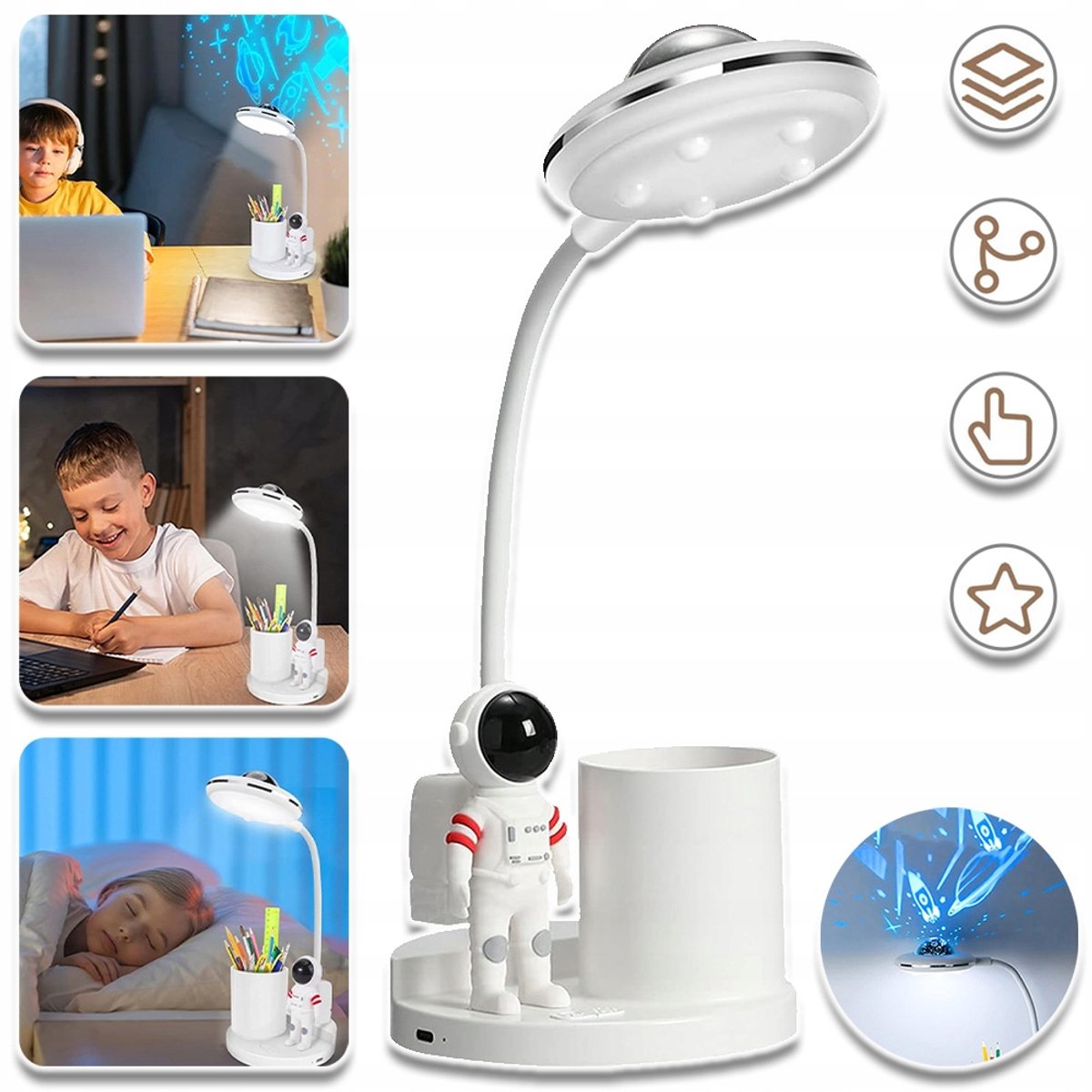 Bureaulamp Met Pennenhouder Oplaadbare LED-Leeslamp Met Projectiefunctie Astronauten Model - 360° Draaibare Zwanenhals Wit Licht 1200 mAh Batterij - Wit