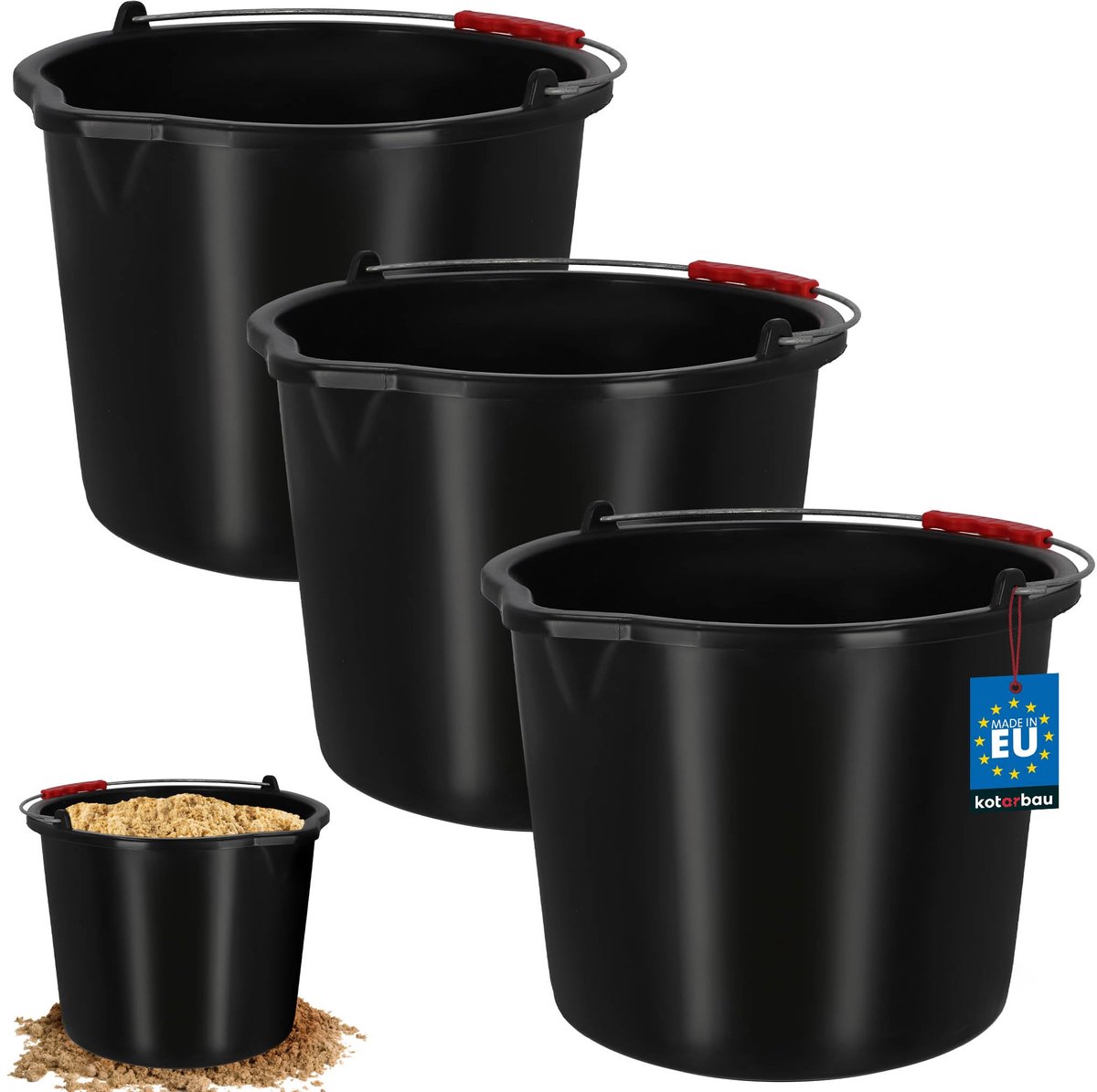 KOTARBAU® 3 Stuks - Bouwemme 16 L - Mortelemmer van Kunststof - Cementemmer - Emmer met Uitgiettuit en Handgreep - Emmer voor Bouwplaats - Zwart