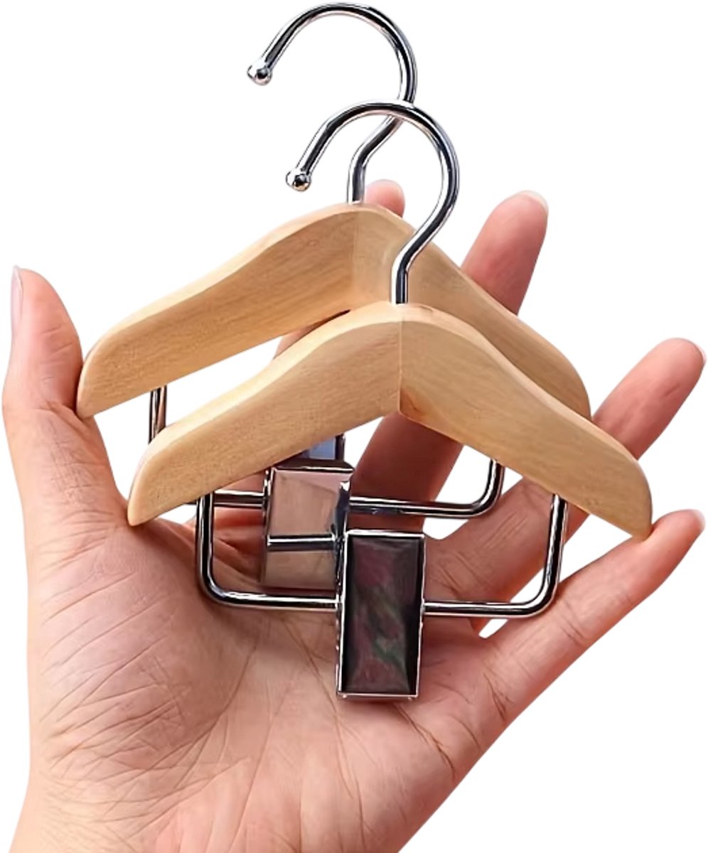 2 Stuks Mini Kledinghangers van Hout met RVS Clips – Ruimtebesparende Hangers voor Kleding, Accessoires en Huisdierkleding