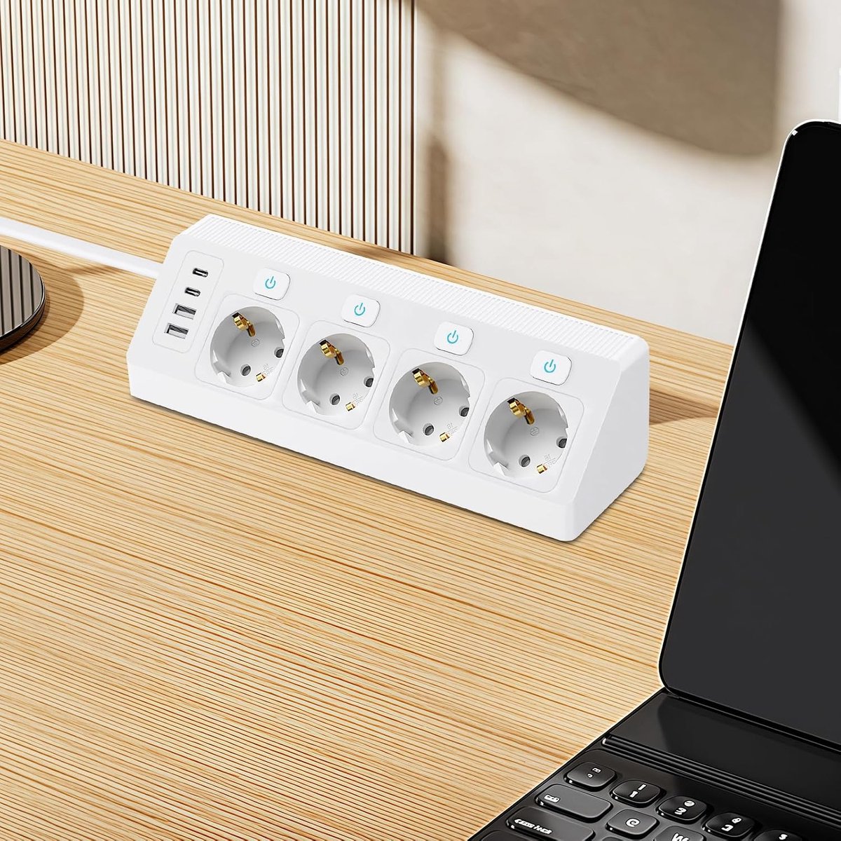 SnelShoppen - Hoekcontactdoos met 2 USB en 2 USB C, 4-voudige stekkerdoos met schakelaar, 8-in-1 overspanningsbeveiliging, 2 m kabel, bureaustopcontac