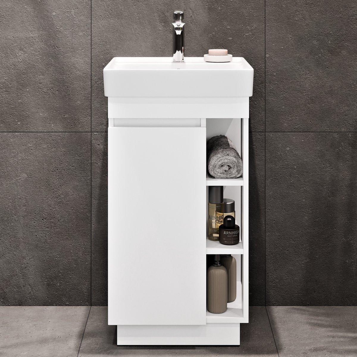 Planetmöbel NYX - Badkamermeubelset 45 cm - Mat wit - Met wastafel en kraan chromen - Softclose