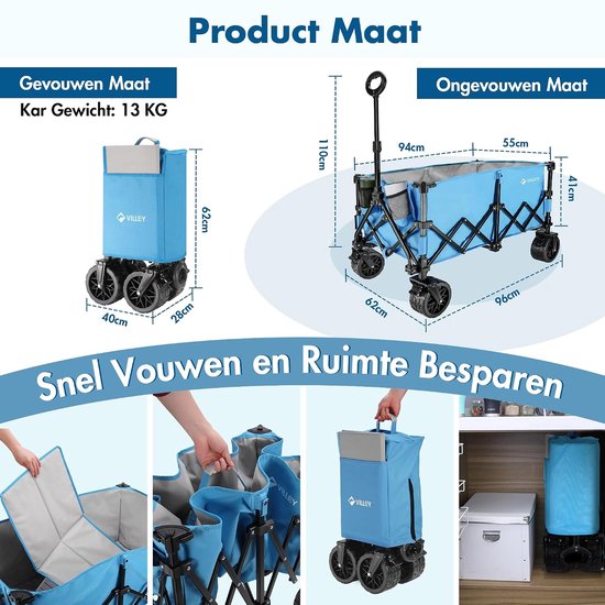 Bolderkar Opvouwbaar - Transportwagen Strandwagen - Outdoor Transport - XXL Capaciteit - Tot 150 kg - Blauw van Bolderkar Opvouwbaar — afbeelding 5