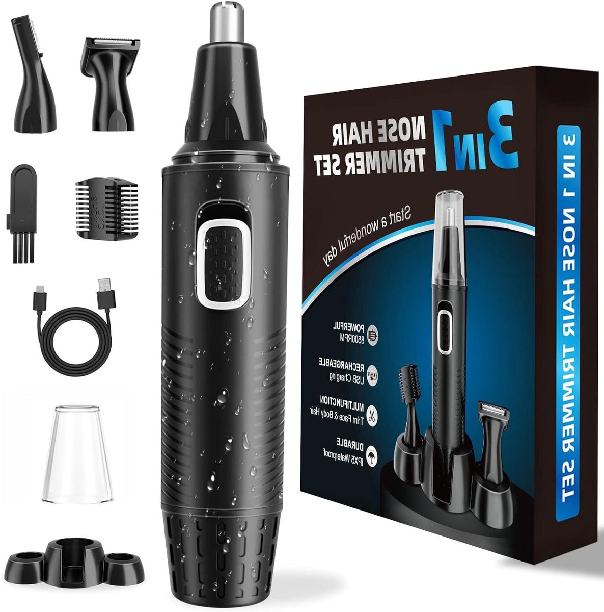 Haartrimmer Set - Gezichtsverzorging Apparaat - Gezichtshaar Verwijderen - USB Oplaadbaar - 3-in-1 Opzetstukken - Zwart
