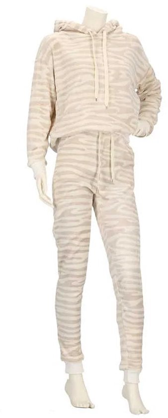 Beige fleece loungewear set met zebraprint, hoodie met trekkoord.