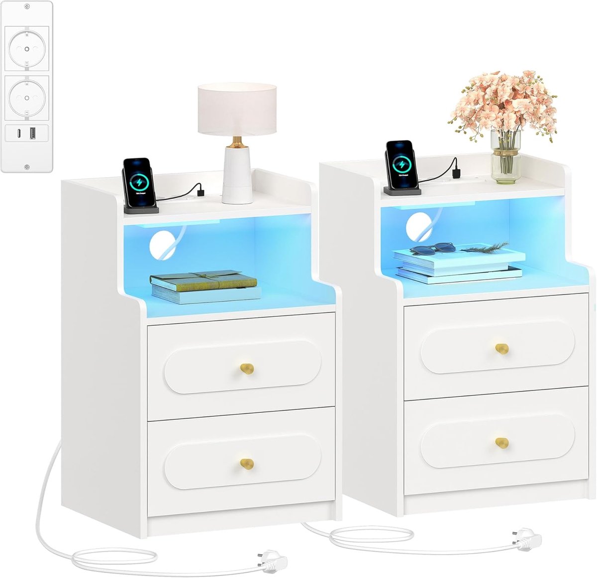 Hzuaneri Nachtkastje met LED Verlichting en Oplaadstation, Set van 2, Bijzettafel, Banktafel met 2 Laden, 1 USB Poorten, 1 Type-C Poorten, Open Ruimte, voor Slaapkamer, Woonkamer, Modern, Wit