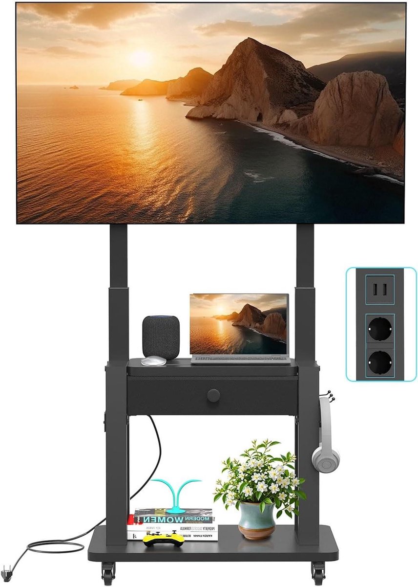Verrijdbaar TV Meubel - Mobiele TV Standaard - Flexibele Beeldweergave - Geïntegreerd Stopcontact - Tot 75 inch - Zwart