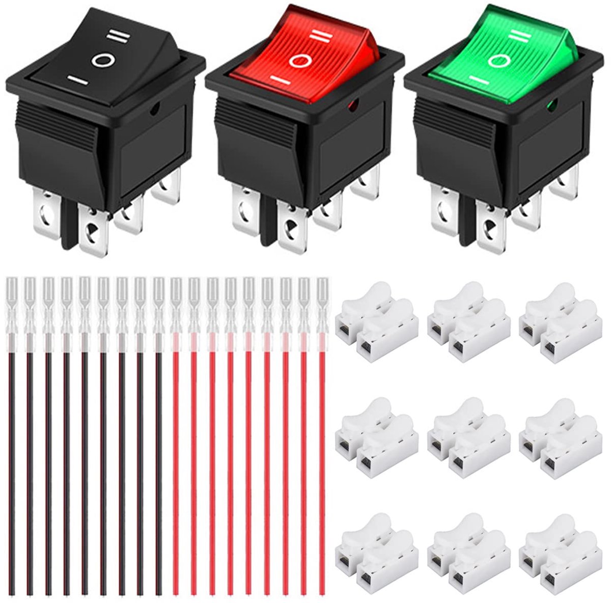 SnelShoppen - Set van 3 Mini Drukknoppen Schakelaars AC 16A/250V - 20A/125V DPDT Aan/Uit - Kleurenset Zwart/Rood/Groen - 6 Pins, 3 Posities, LED Verli