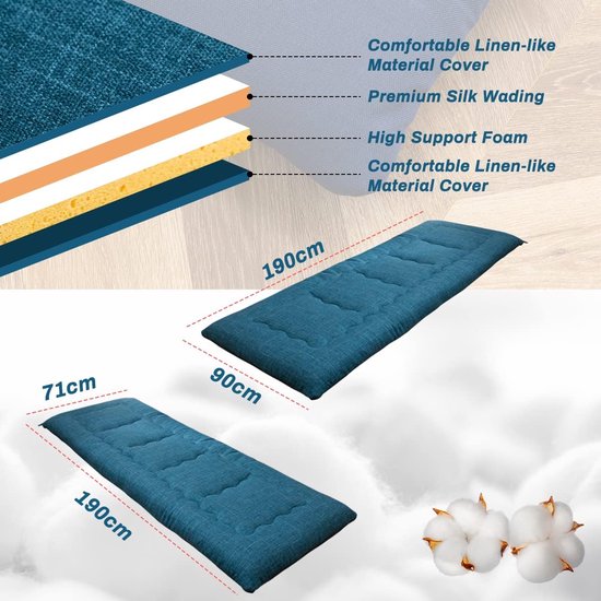 Opvouwbare Futonmatras - Draagbaar Gastenbed - Comfortabel Slapen - Schuim met Hoge Dichtheid - 71x190 cm - Blauw — afbeelding 3