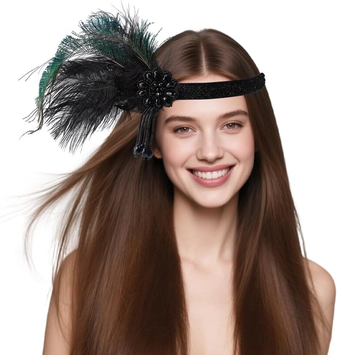 SnelShoppen - Flapper Veren Hoofddeksel Groene Hoofdband met Strass Steentjes - Decoratieve Haar Accessoires voor Feest en Avondjurk - Polyester en Le