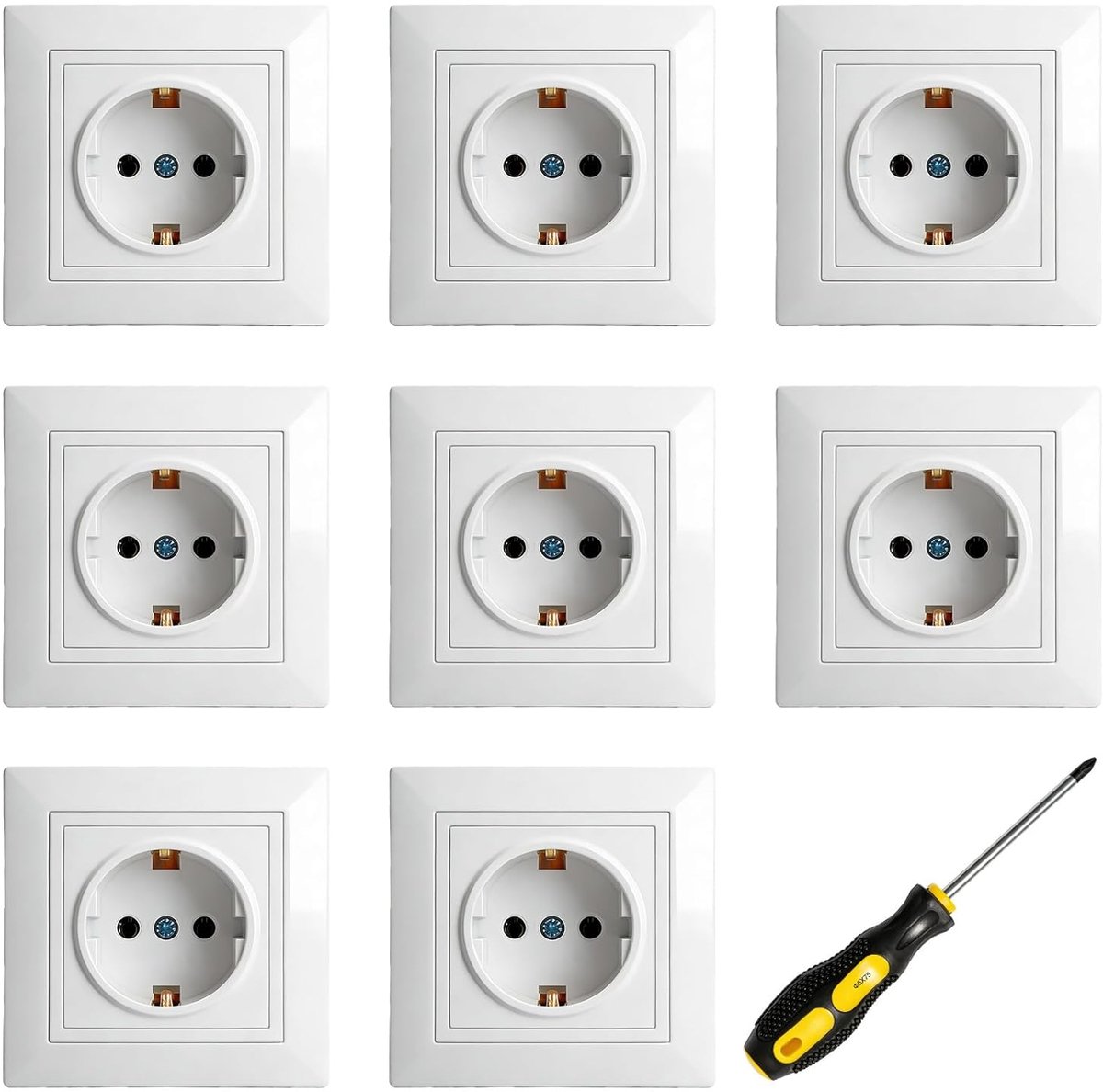 8 stuks inbouwstopcontact, 220 V ~ 250 V, 16 A, geaard stopcontact met verhoogde aanraakbeveiliging, 1-voudig geaard stopcontact, 82 mm, voor woonkamer, keuken, kantoor, wit