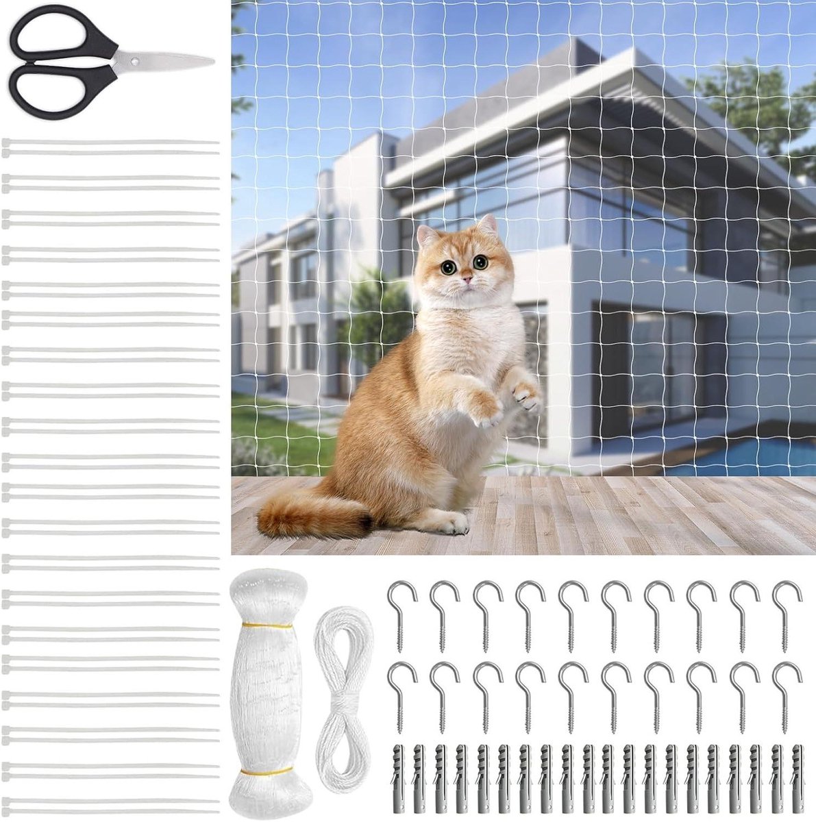 Kattennet Balkon - Veiligheidsnet Huisdier - Veilige Omgeving Creëren - Compleet Bevestigingsmateriaal - 10 x 3 Meter - Wit