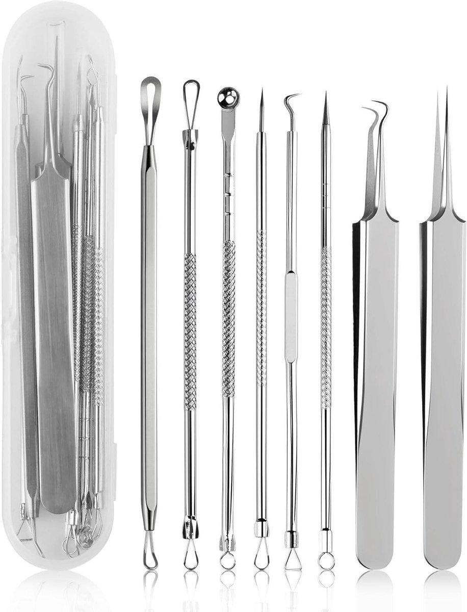 Mee-eter Verwijderaar Set - Onzuiverheid Tools - Huidverzorging Gezicht - 8 Delige Set - Opbergdoos - Zilver