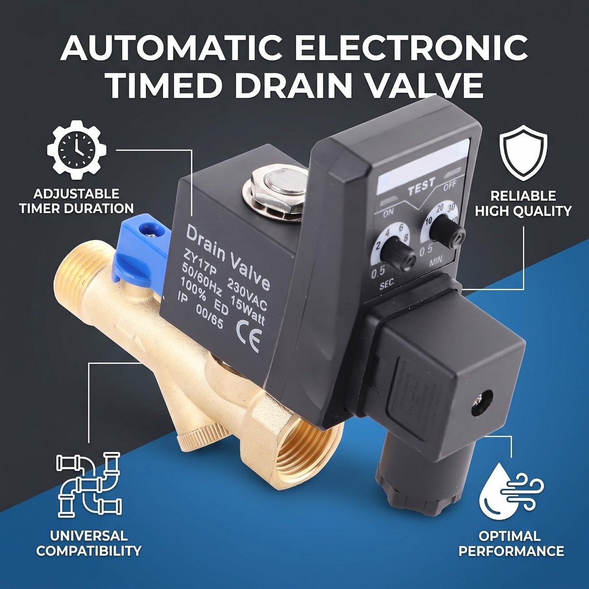 SnelShoppen - G1/2 DN15 Programmeerbare Messing Afvoerkraan, Elektronische Luchtcompressor Afvoerventiel (AC 220V)