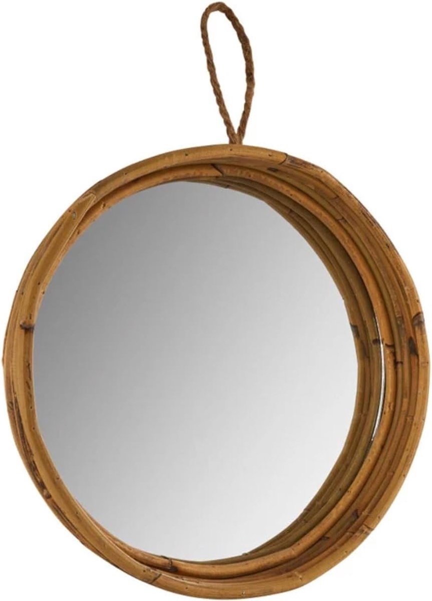 SnelShoppen - Elegante Ronde Spiegel met Rieten Frame - Diameter 30cm - Wanddecoratie voor Woonkamer, Slaapkamer en Badkamer - Bohemian Stijl - Natuur
