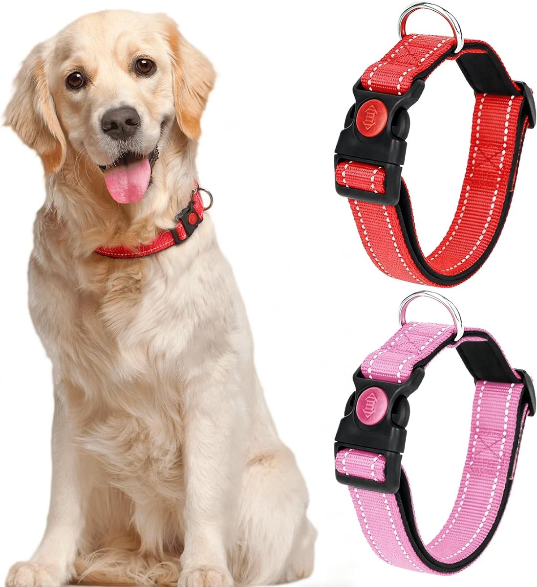 Hondenhalsband M - Reflecterend nylon - 2 stuks in roze en rood - Zachte neopreen voering voor comfort - ShopVlot