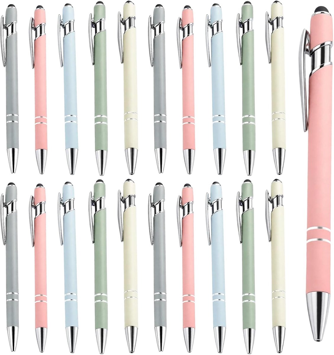 SnelShoppen - Set van 20 metalen balpennen met touchpen in 5 pastelkleuren, zwarte inkt, ideaal voor examen, eindexamen, cadeau voor collega's en scho