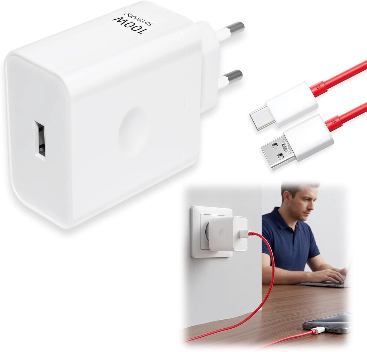 100W USB Lader met 6A USB-C Rood Kabel - Voor Oppo, Realme en One-Plus - Supersnelle oplader voor smartphone - SnelShoppen