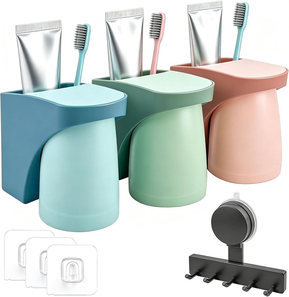 SnelShoppen - 3 Stuks Tandenborstel Bekers Houder, Muur Bevestiging, Magnetisch, Geen Boren, Suction Cup Haak, Voor Tandenborstels, Tandpasta, Kammen,