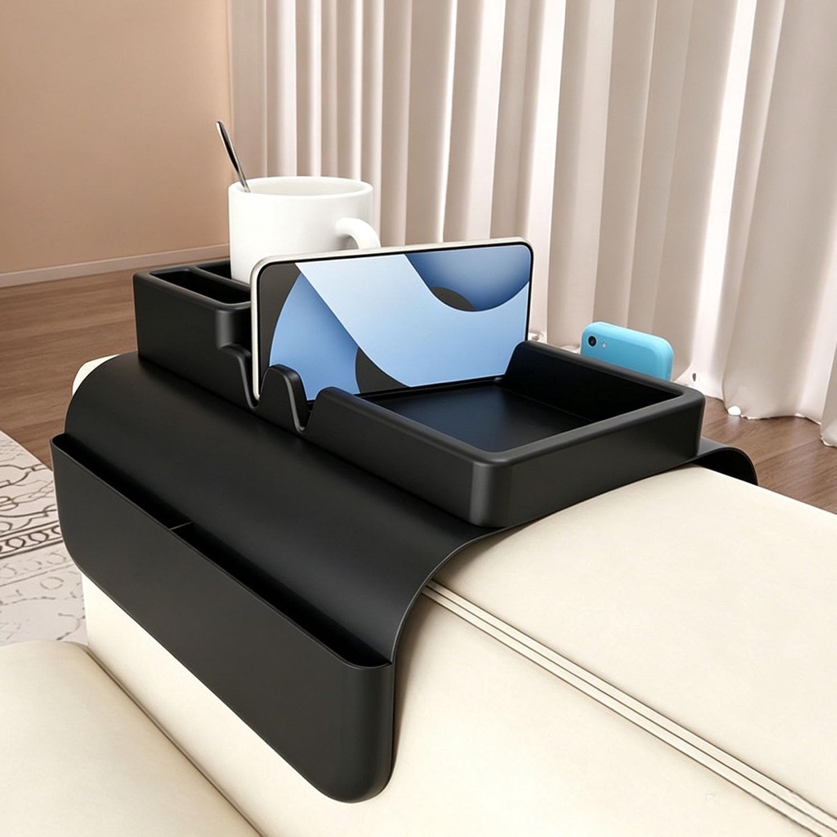 SnelShoppen - Sofa Tray Armleuning met Bekerhouder, Silicone Armsteun Organizer, Telefoonhouder, Tablet Houder, Antislip met Vakken aan Beide Zijden,