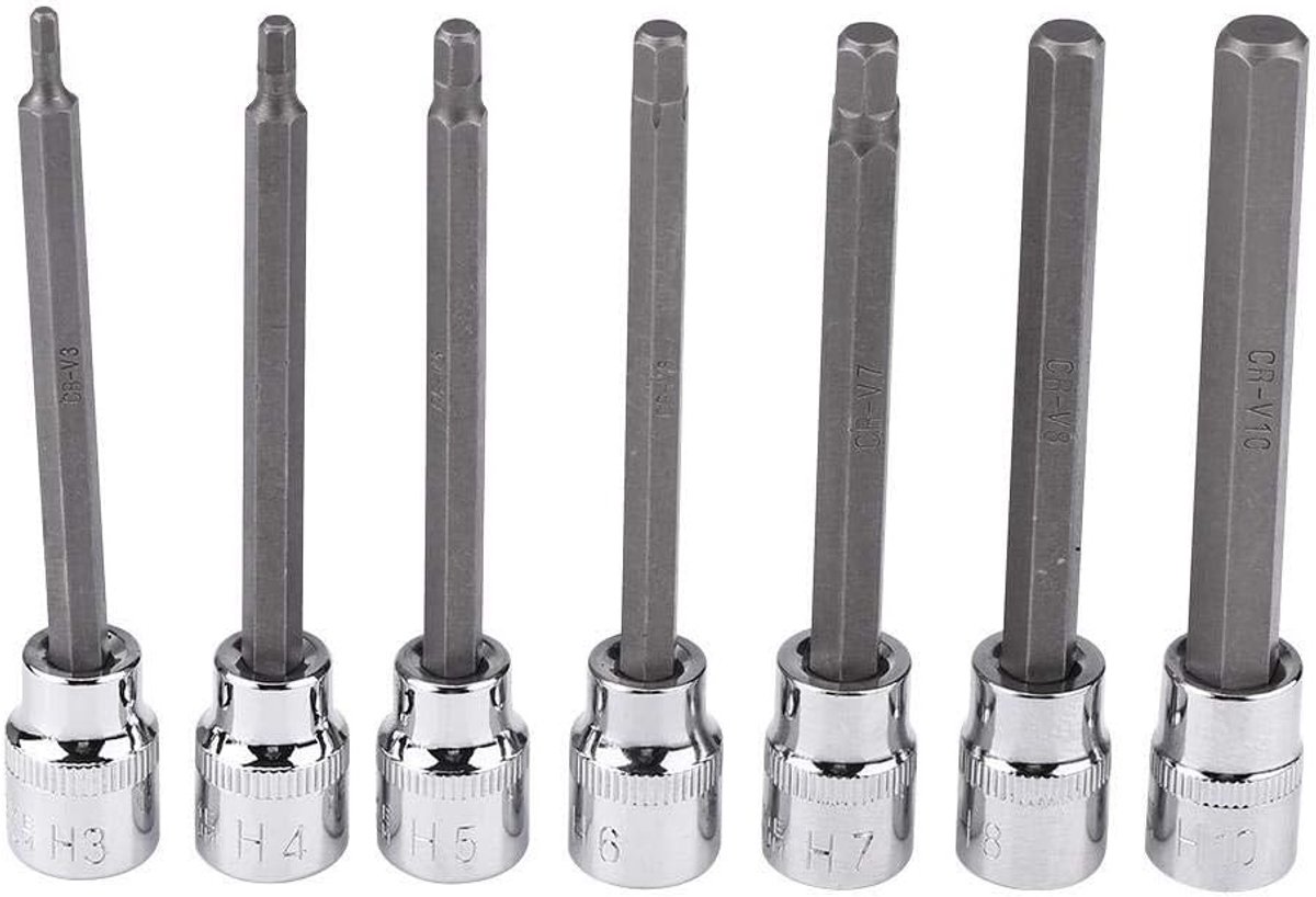SnelShoppen - Set van 7 Lange Hexagon Doppen, Reparatieset 3mm, 4mm, 5mm, 6mm, 7mm, 8mm, 10mm, Hoogwaardige Chrome Vanadium Staal, Perfect voor Kluspr