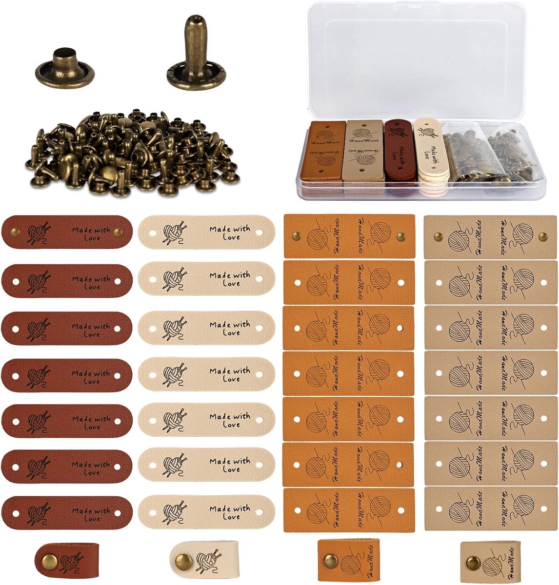 SnelShoppen - 28 Stuks Handgemaakte Labels voor Naaien, PU Suede Labels met Rivets, Persoonlijke Haakjes met Gaten voor Haakwerk Kleding, Waterdicht e