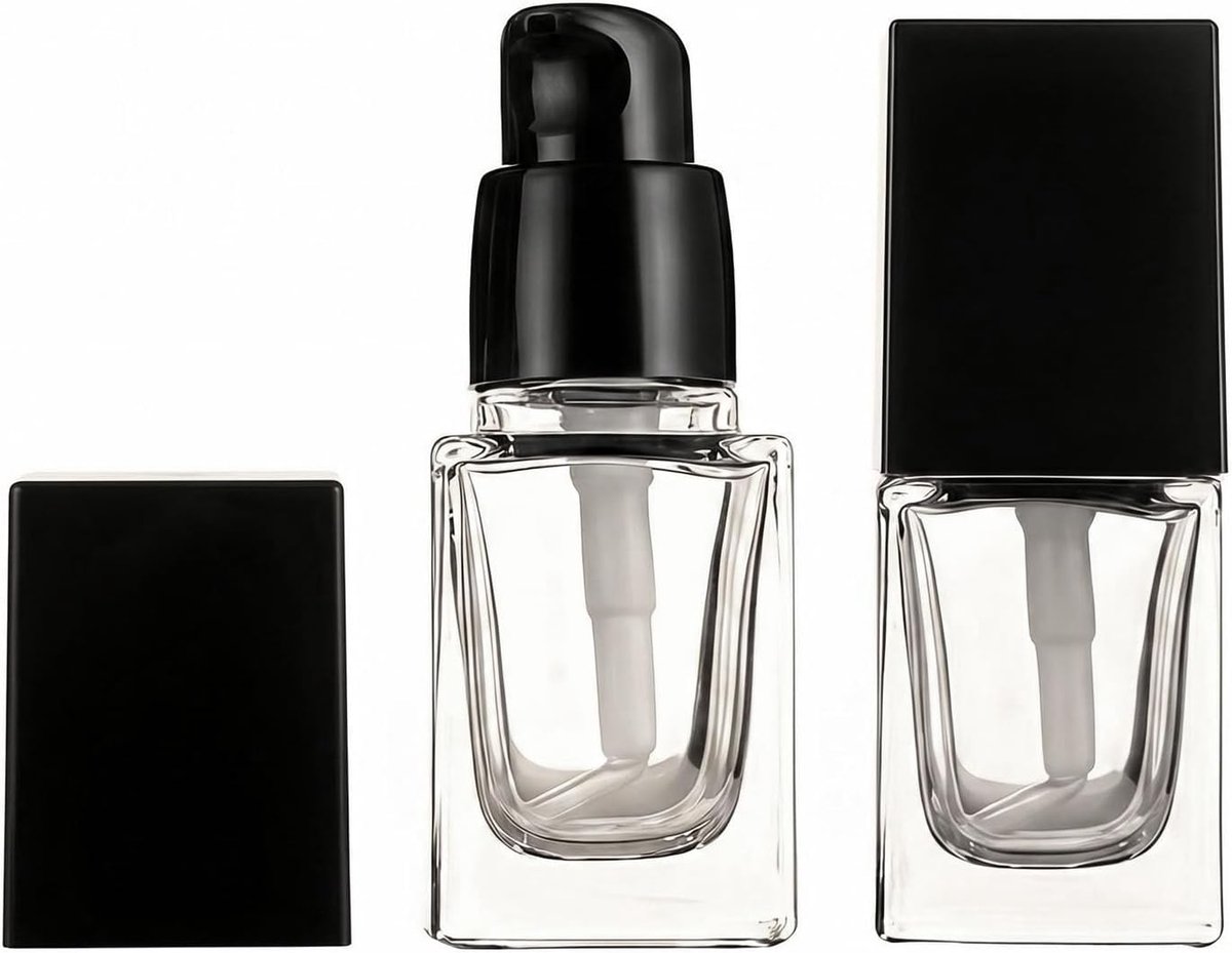 SnelShoppen - 2 Stuks Lege Vierkante Heldere Glazen Flessen met Zwarte Pomp - Navulbare Cosmetica Containers voor Foundation, Lotion, Serum - Reistail